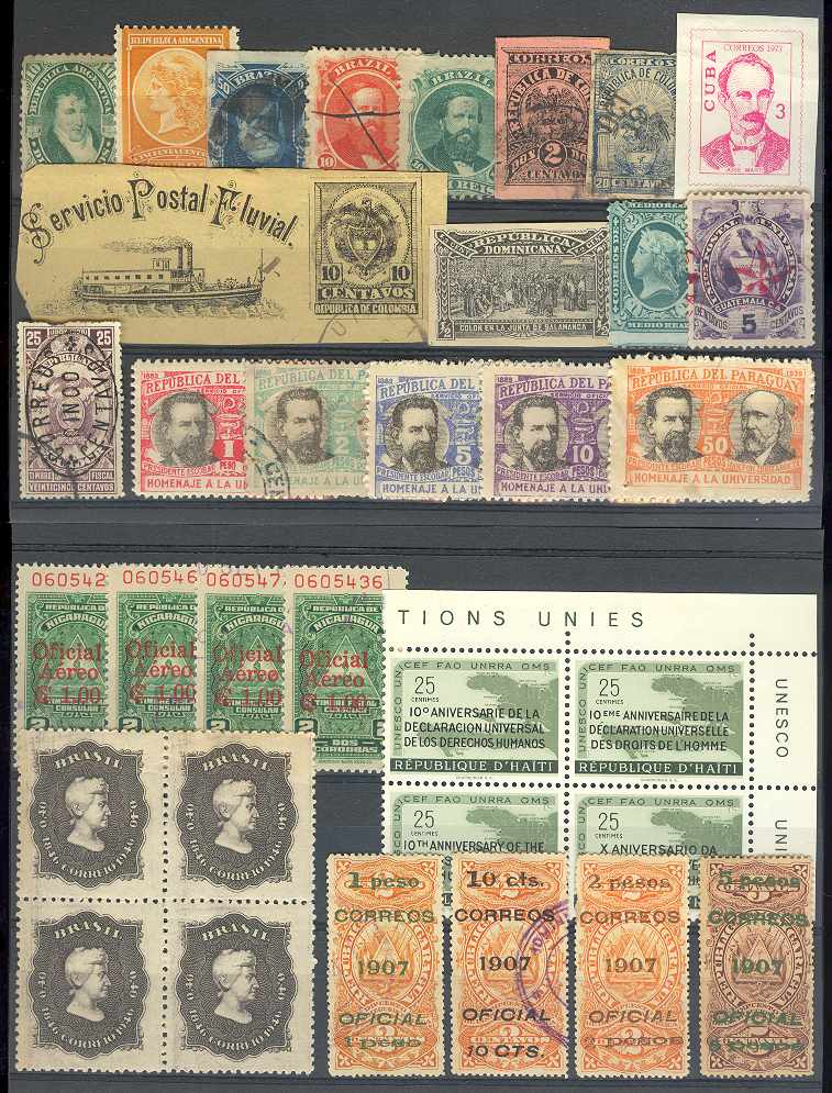 LATIN AMERICA 1870-1940 GROUP OF 34 STAMPS ON CARDS