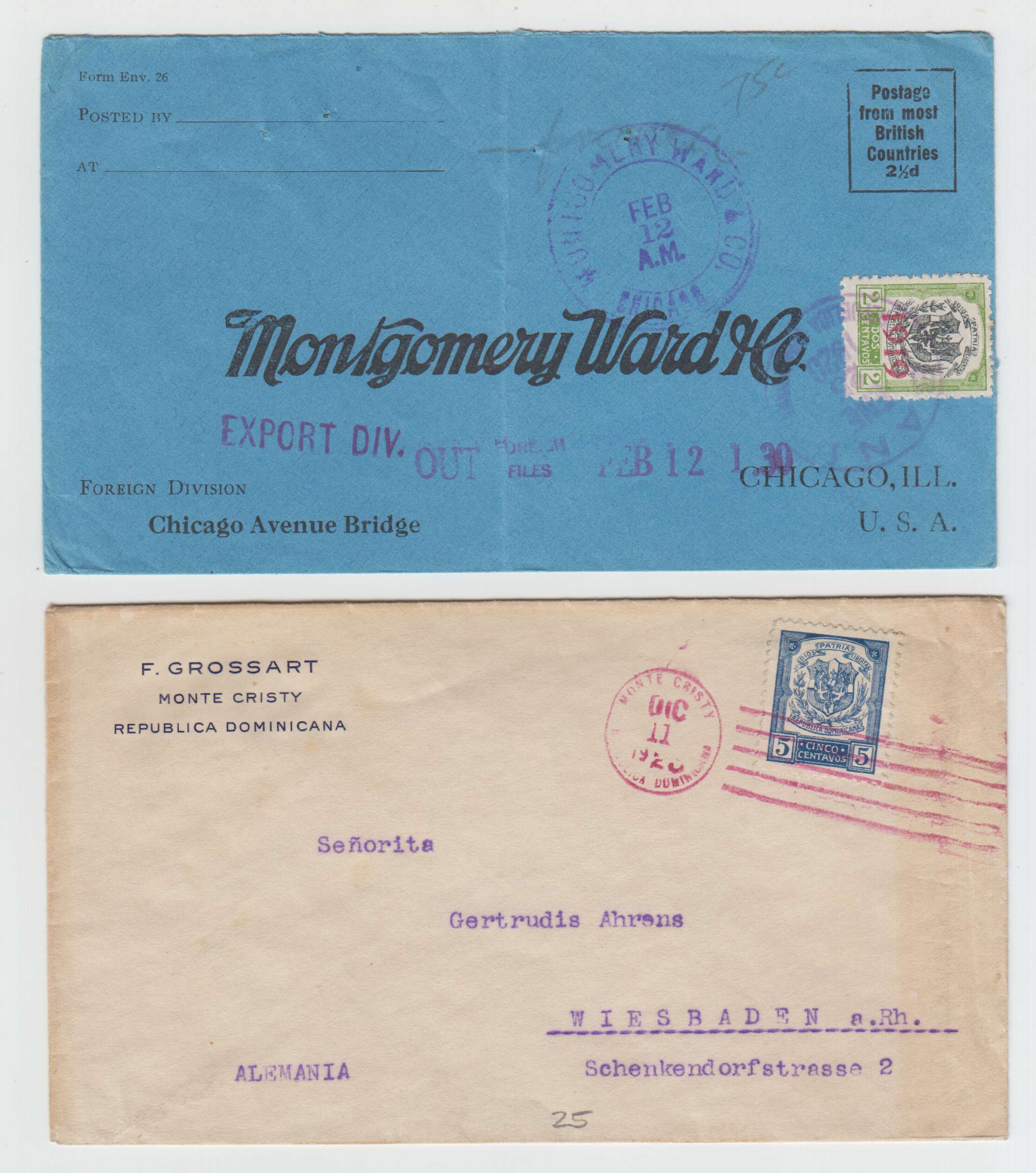Dominican Republic 1919 — Better group of 5 covers & a cover front with Scott 216, 219, 233 block of eight or 235