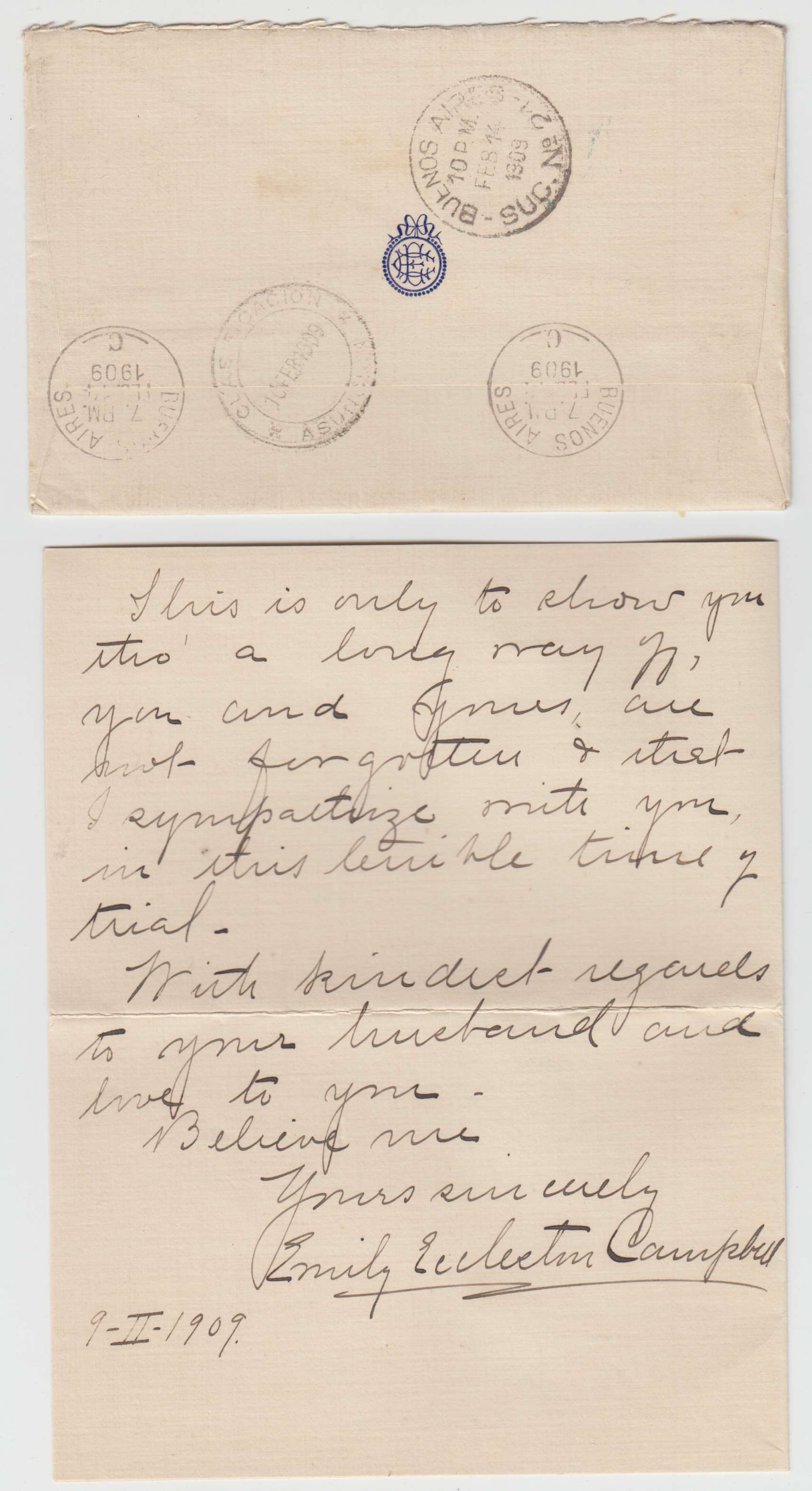 Paraguay 1909 — Scott 109, top value on single Franking cover with full contents Sapucay 10 Feb 1909 cds…