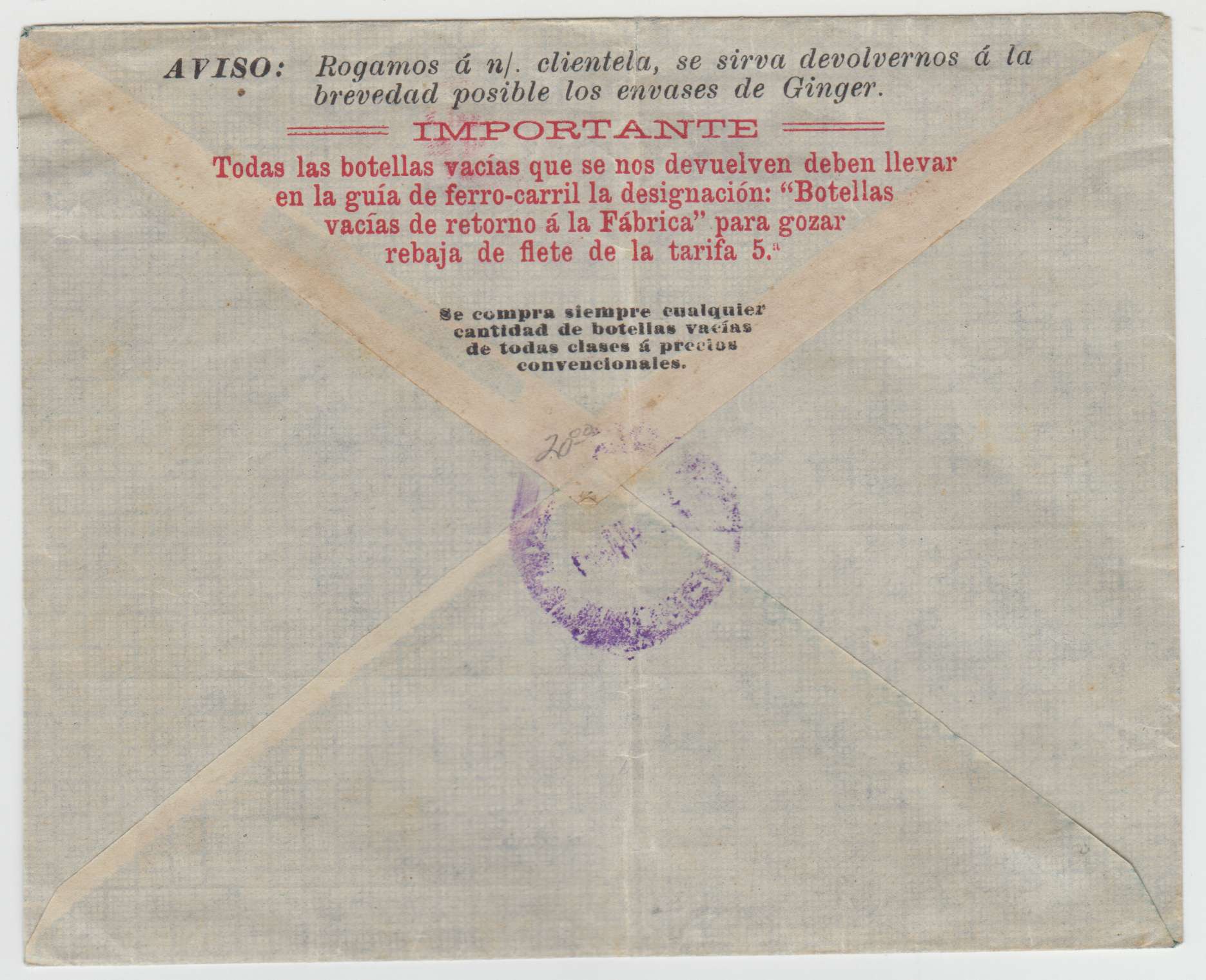 Paraguay 1910 — Preprinted Commercial cover with Scott 200a tied by rare violet "Estacion Correos…