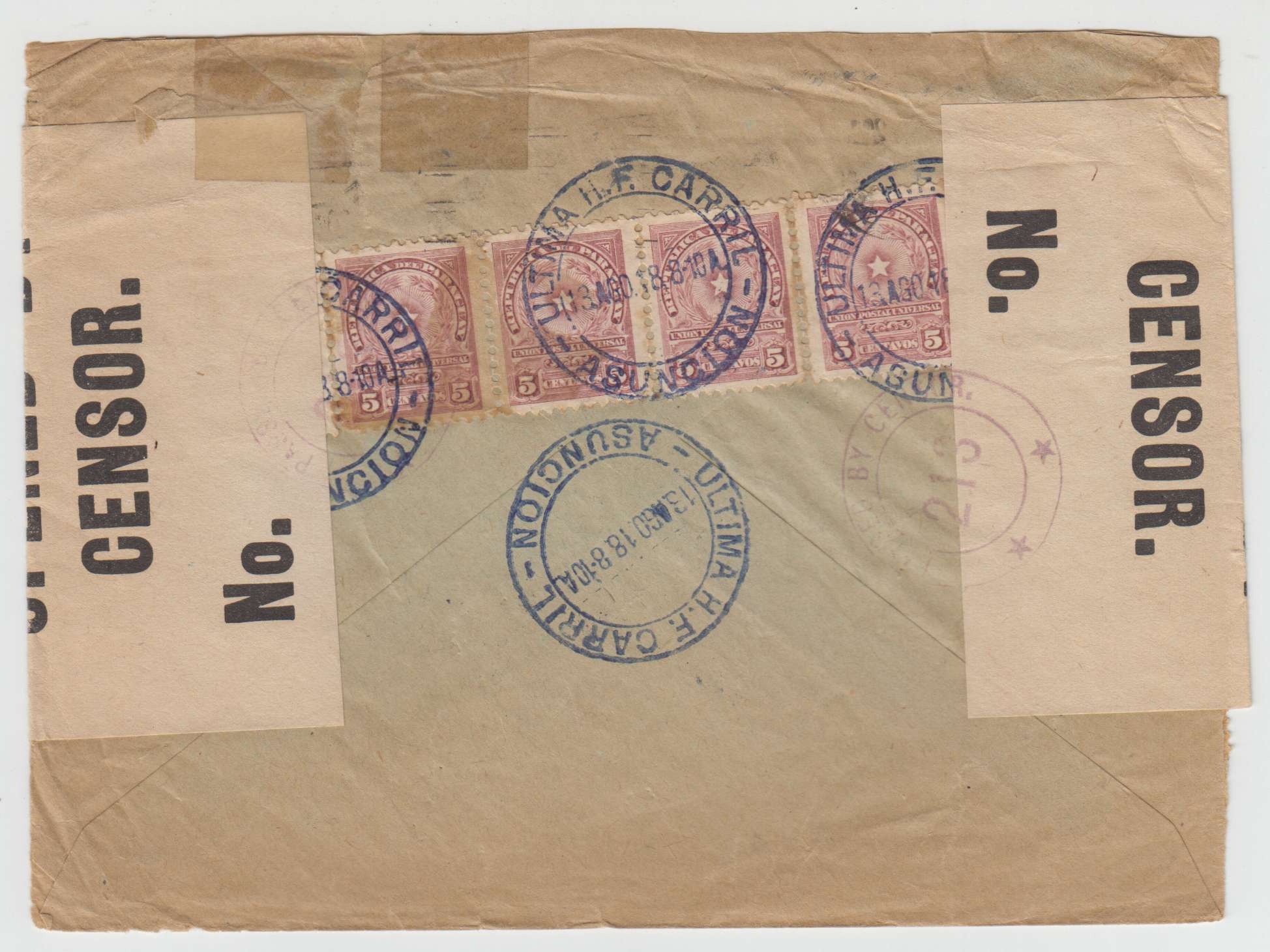Paraguay 1918 — Railroad censor cover to USA