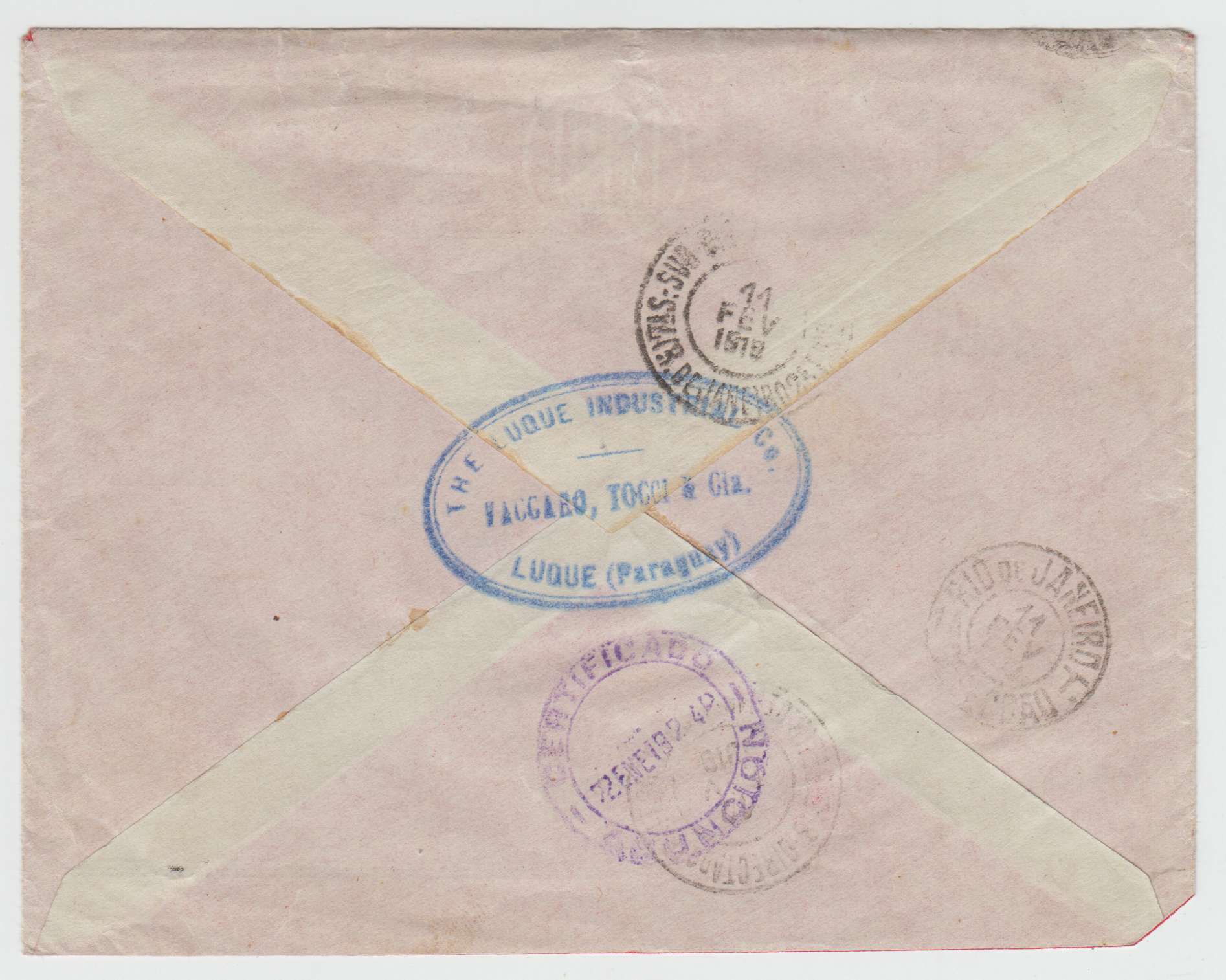 Paraguay 1919 — Censor commercial R-cover with Scott 213 & 225 two strips of three on registered cover,…