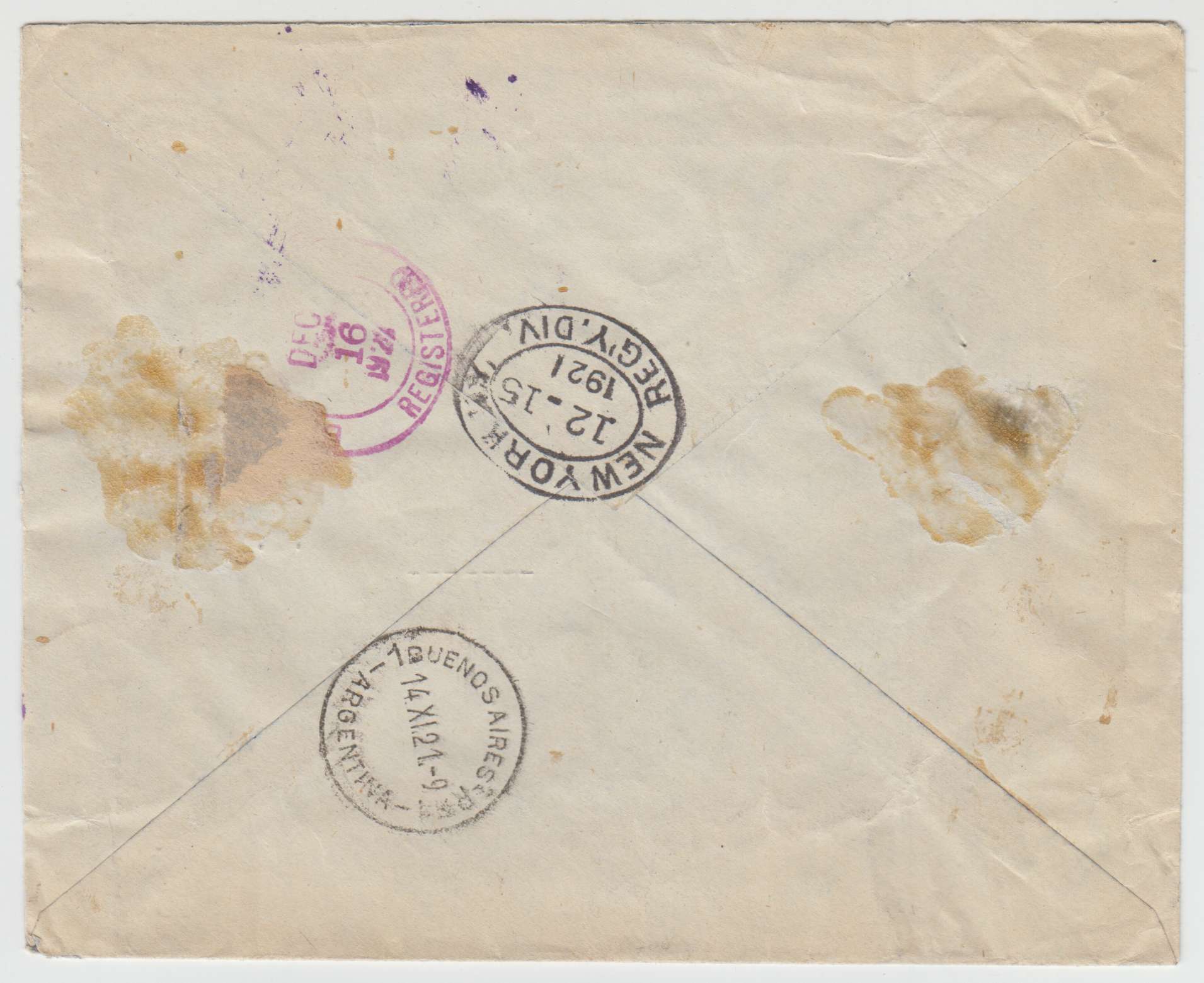 Paraguay 1921 — Superbe R-cover with Scott 229 & 8x Scott 241 tied by violet "Ciudad Pilar" 9 Nov 21 to…