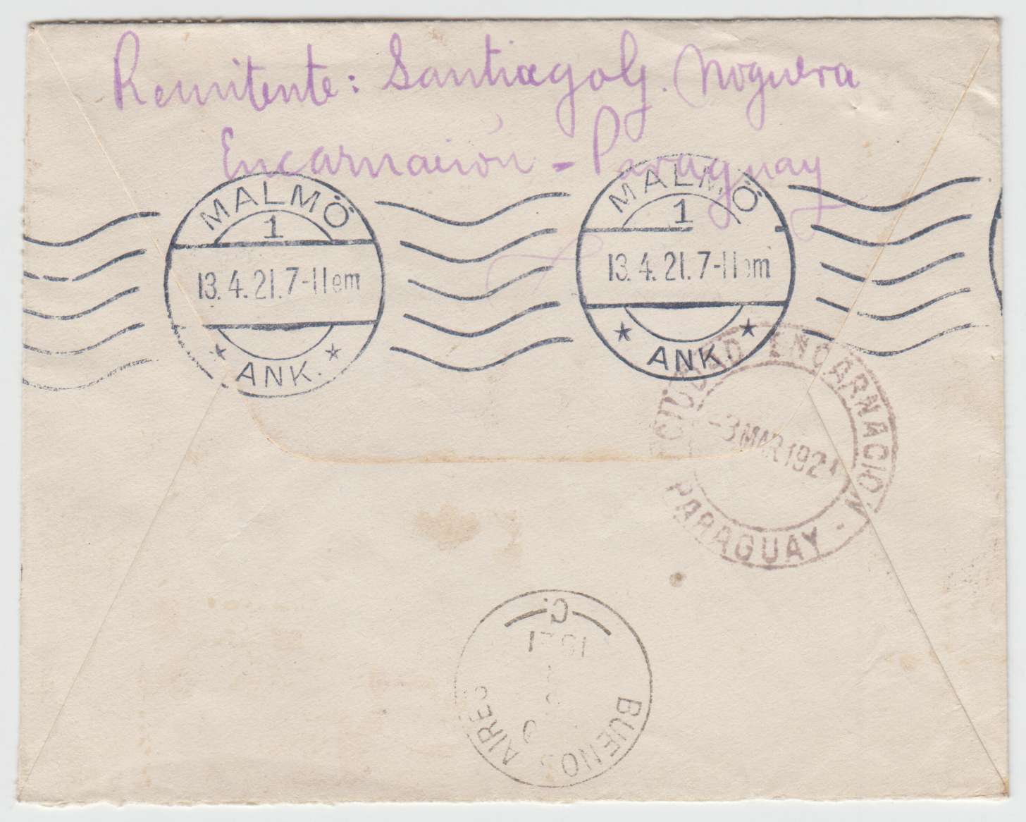 Paraguay 1921 — Scott 237 four singles on cover, Ciudad Encarnacion 3 Mar 1921 to Malmo, Sweden with…