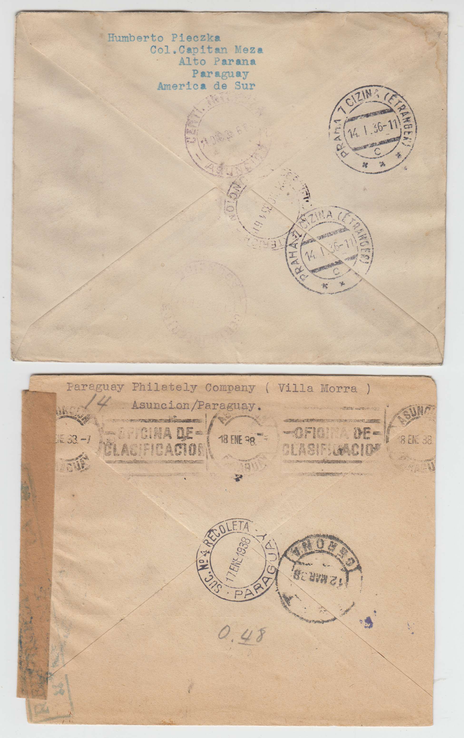 Paraguay 1936 — Registered & censor covers to Europe with Scott 324