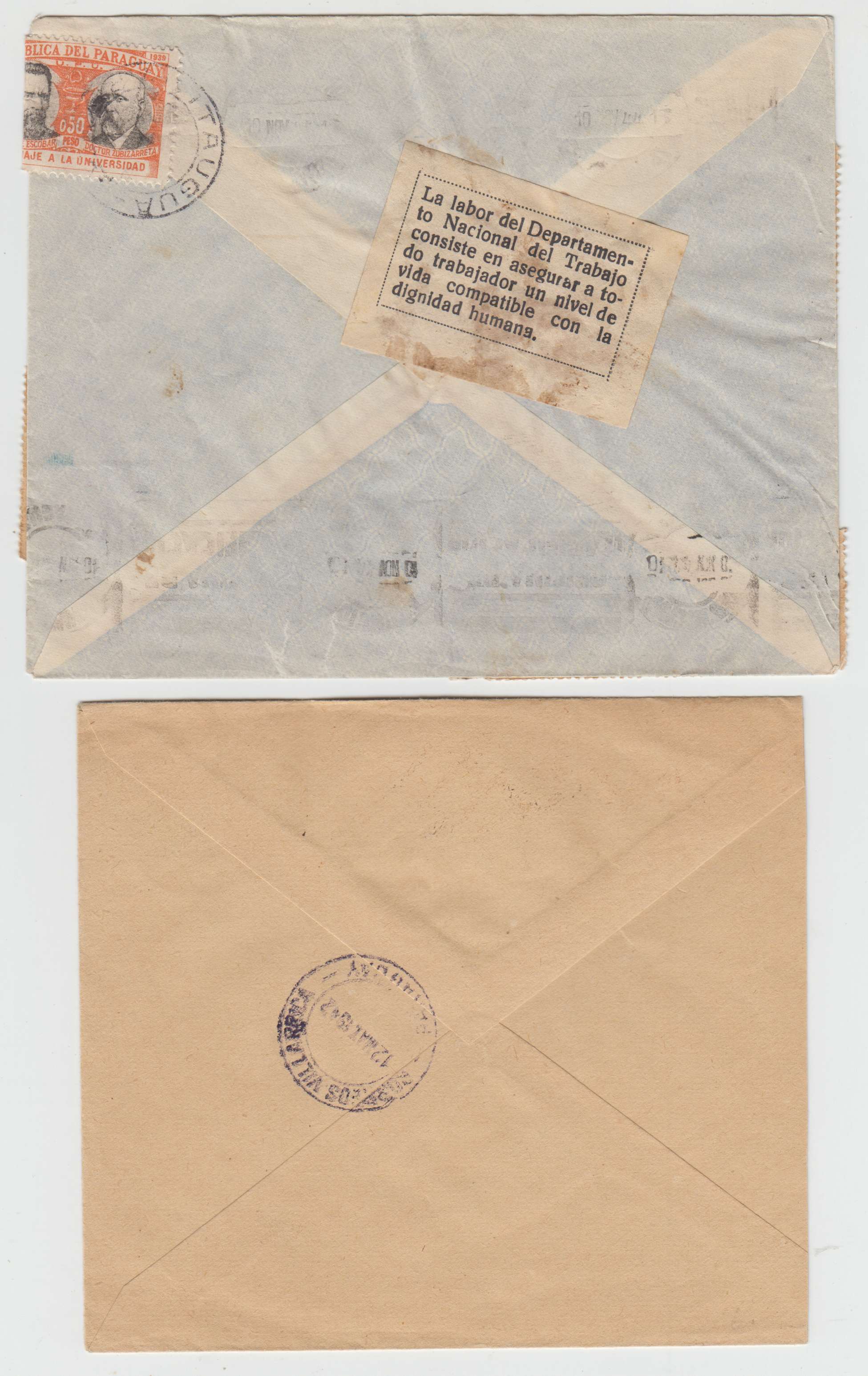 Paraguay 1942 — Two better domestic covers, Itaugua to Asuncion with labour department label at reverse &…