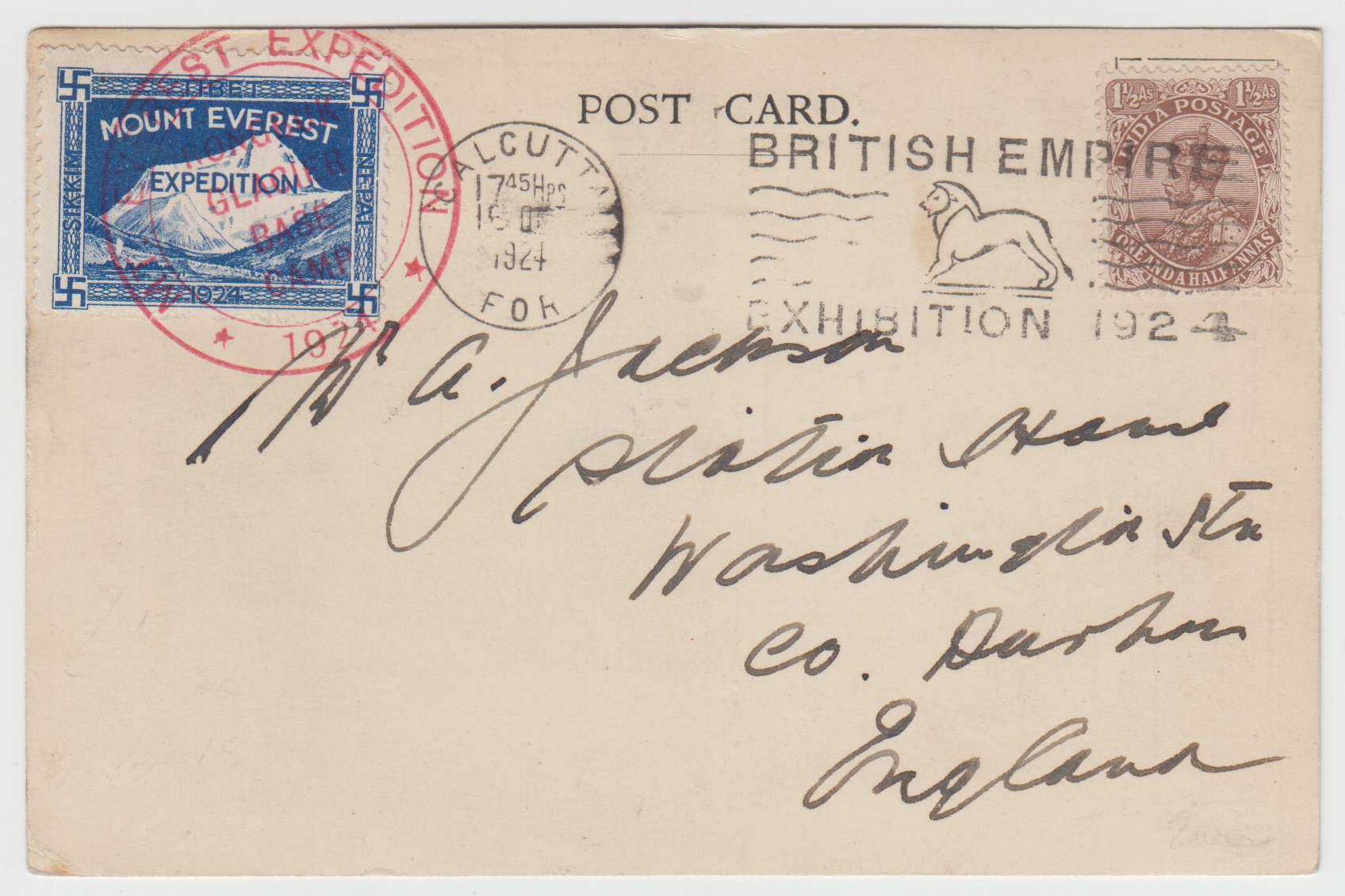 India 1924 — Mount Everest Expedition special card with Scott 102 tied by "Calcutta" duplex & special…