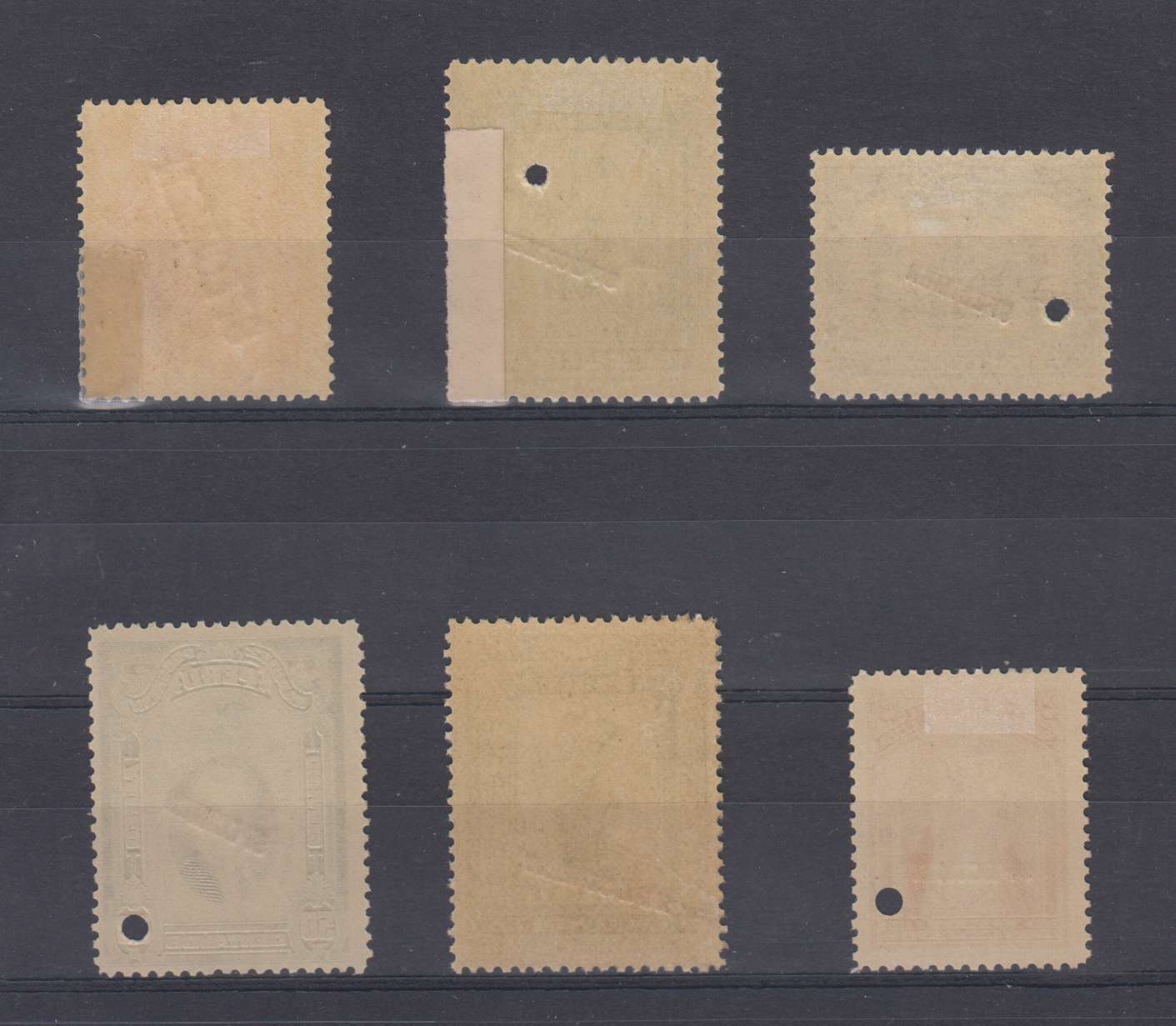 Peru 1897 — Better group of 6 perf proofs, overprinted "Specimen" with four punch holed