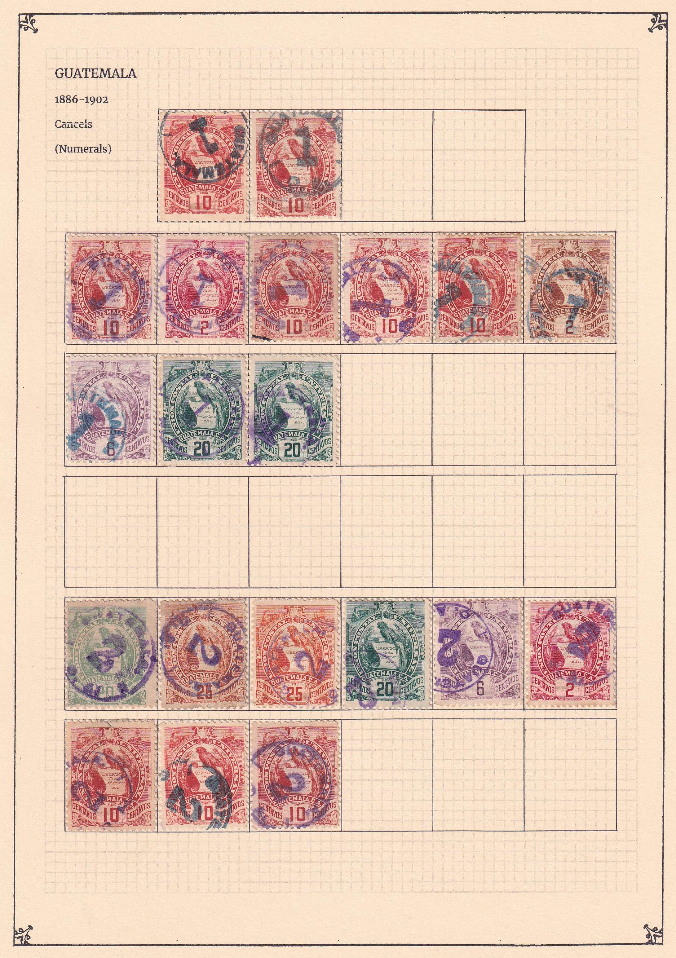 Guatemala 1871 — - Choice cancels collection mounted on 9 album pages including 240 stamps
