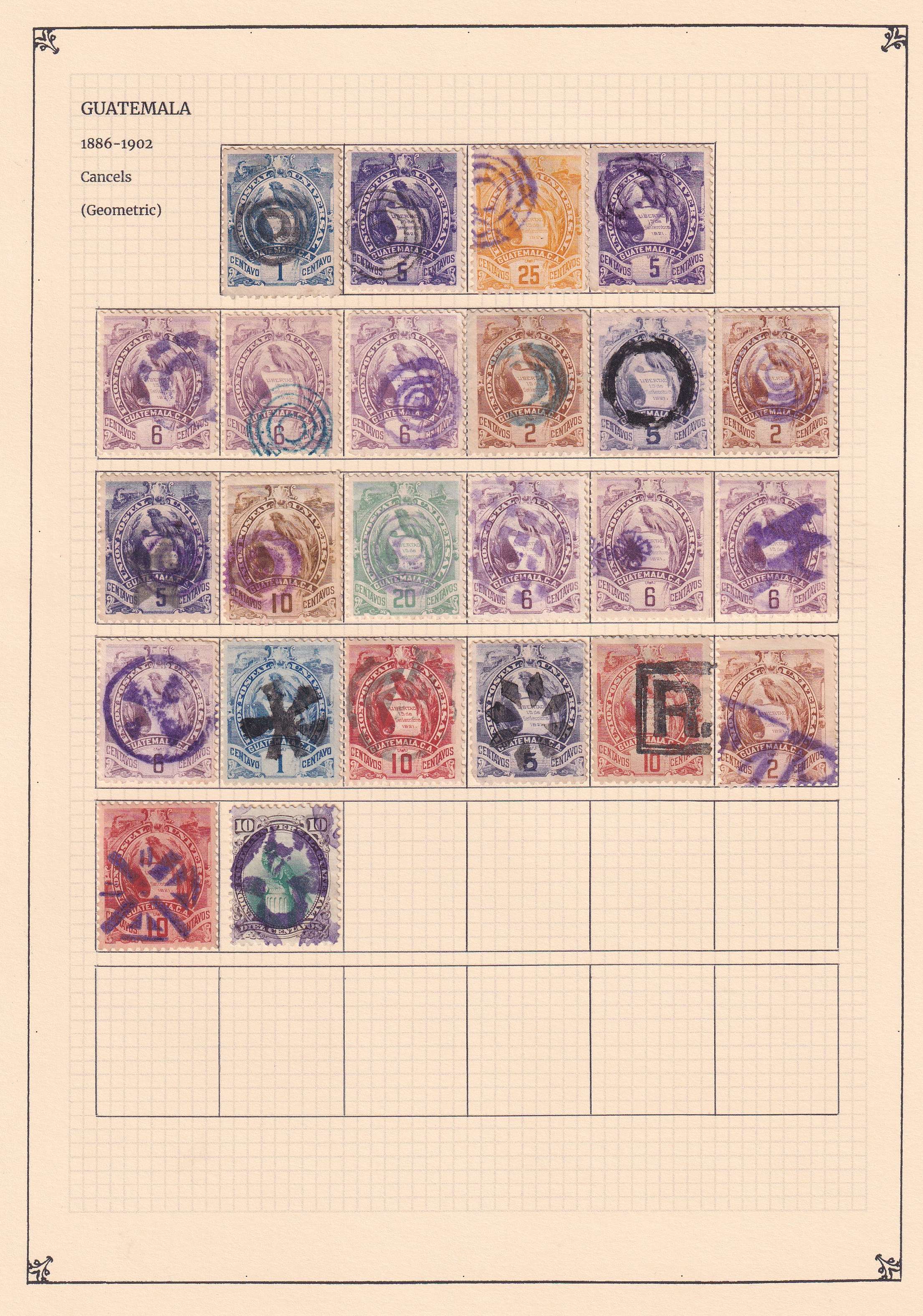 Guatemala 1871 — - Choice cancels collection mounted on 9 album pages including 240 stamps
