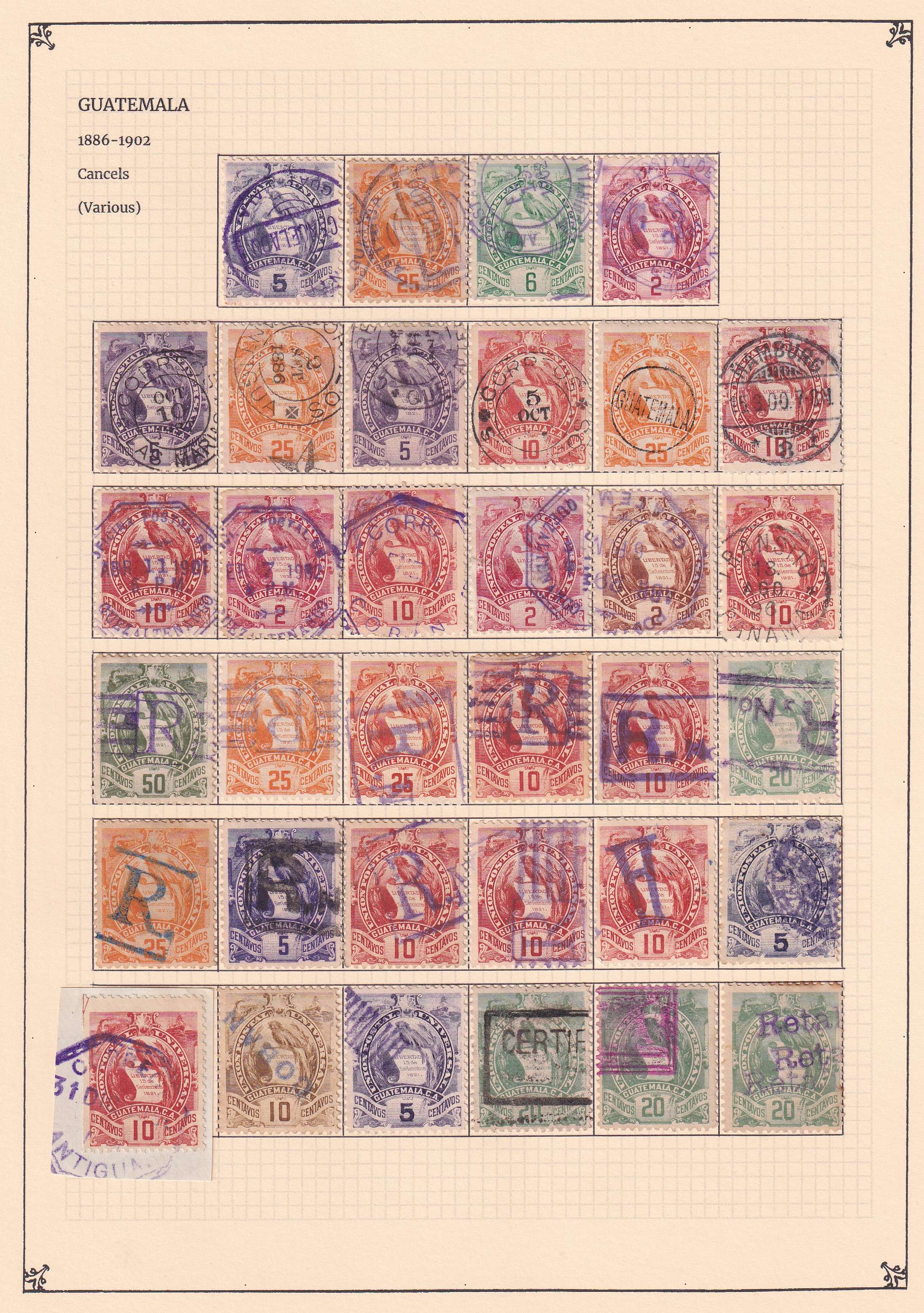 Guatemala 1871 — - Choice cancels collection mounted on 9 album pages including 240 stamps