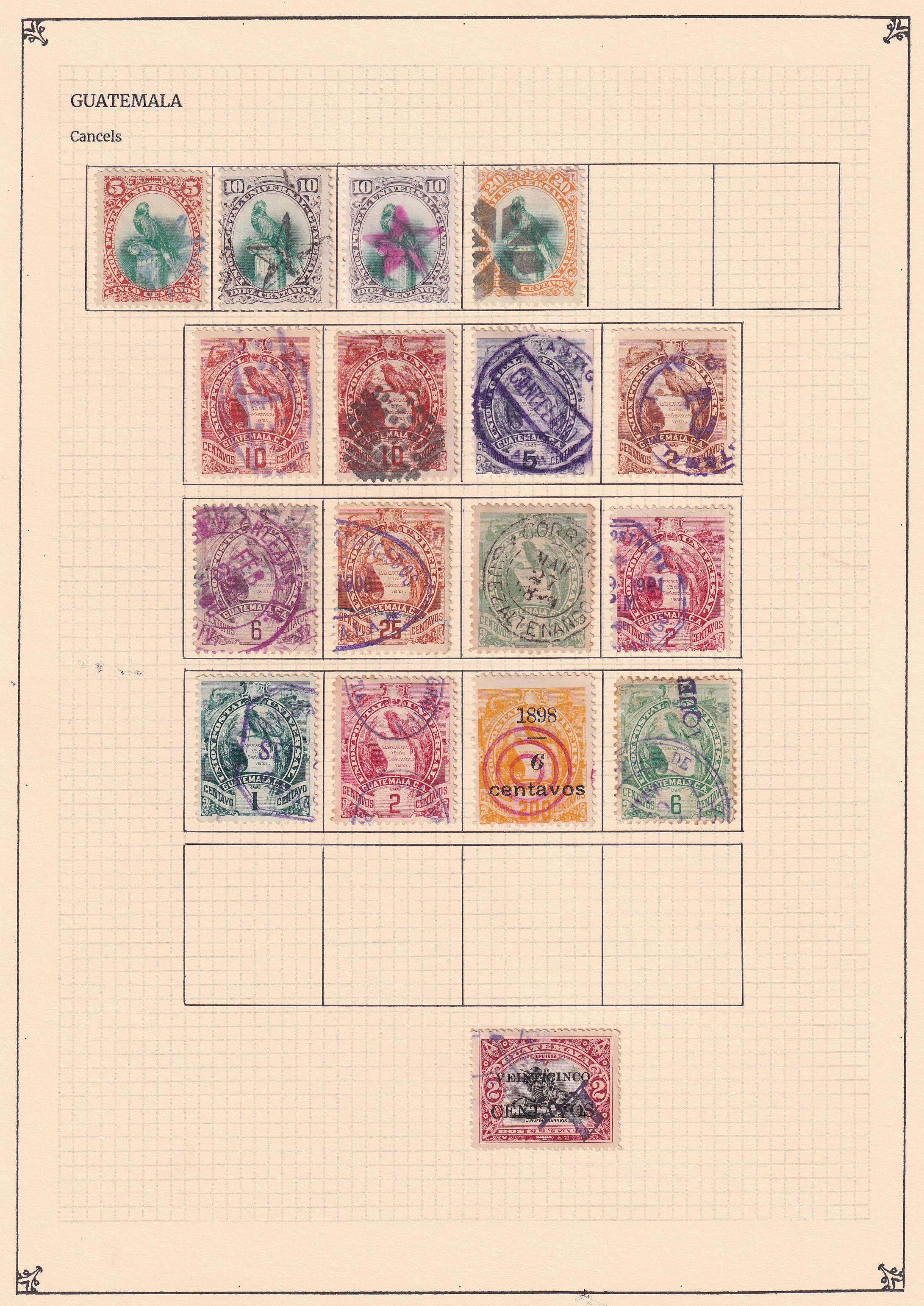 Guatemala 1871 — - Choice cancels collection mounted on 9 album pages including 240 stamps