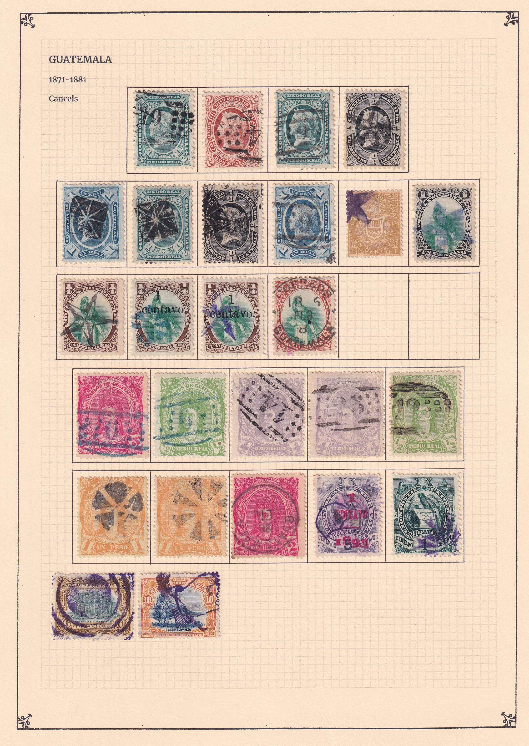 Guatemala 1871 — - Choice cancels collection mounted on 9 album pages including 240 stamps